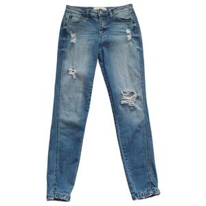 Kancan Distressed Skinny Jeans Plaid Trim Size 27